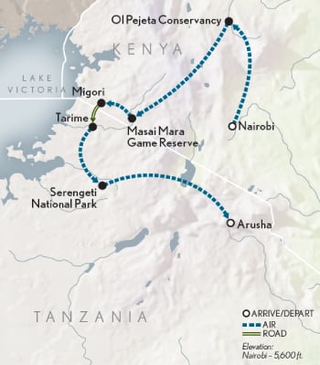 Kenya & Tanzania: A Great Migration Safari Adventure Itinerary Map