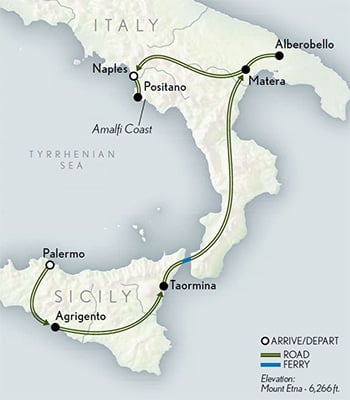 Southern Italy: Sicily, Puglia & the Amalfi Coast Itinerary Map